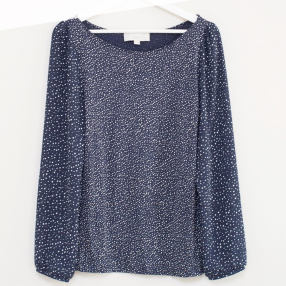 XS LOFT Navy polka dot long sleeve blouse